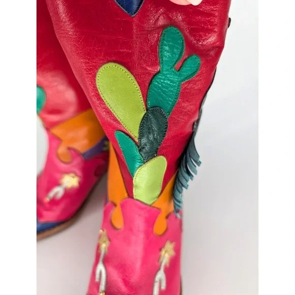VTG Zalo Multicolor Leather Fringe Cowboy Boots 6.5 Western Boho Festival Art